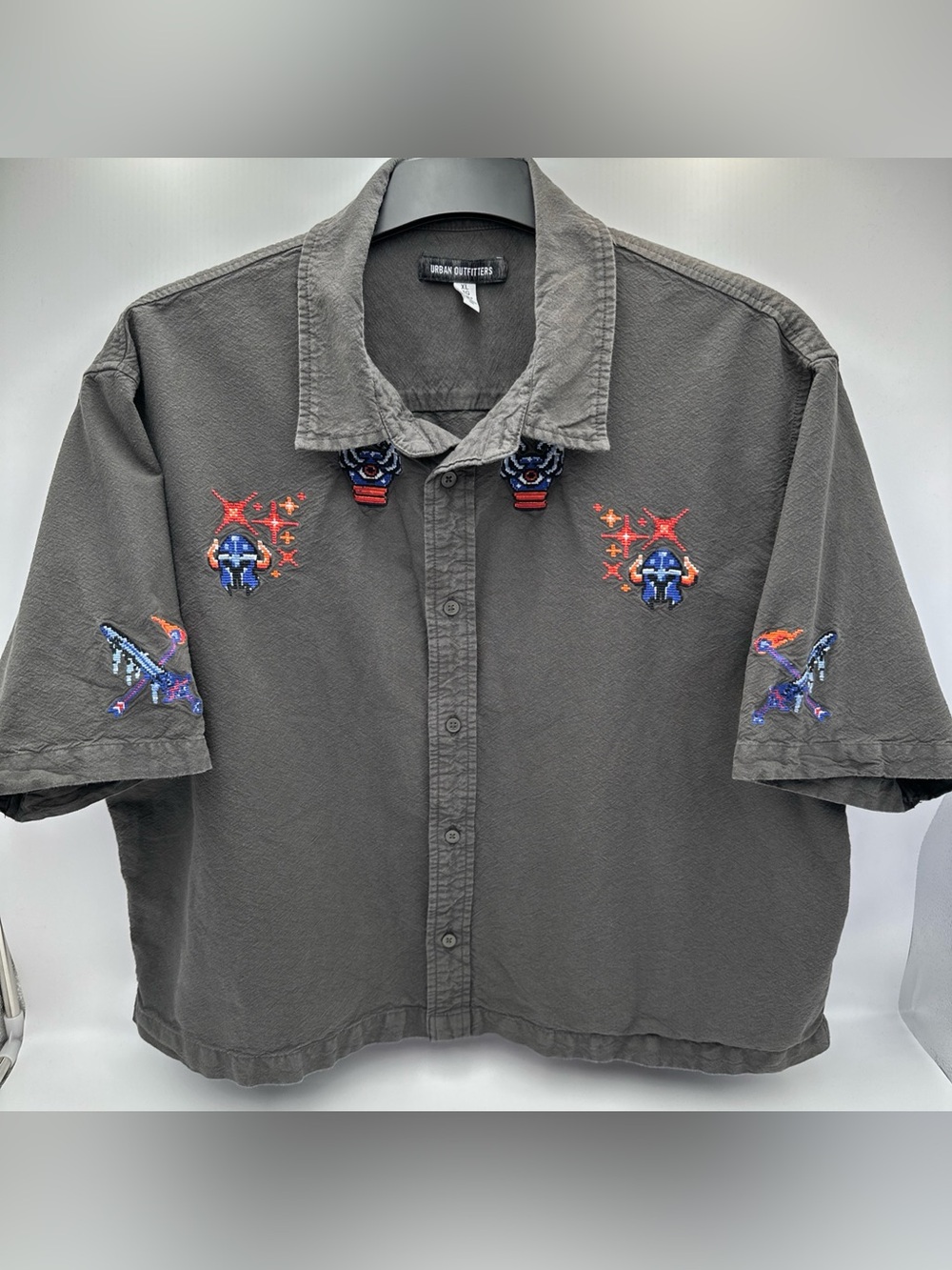 Urban Outfitters Charcoal Button-Down Shirt with Multicolor Embroidery Gray XL